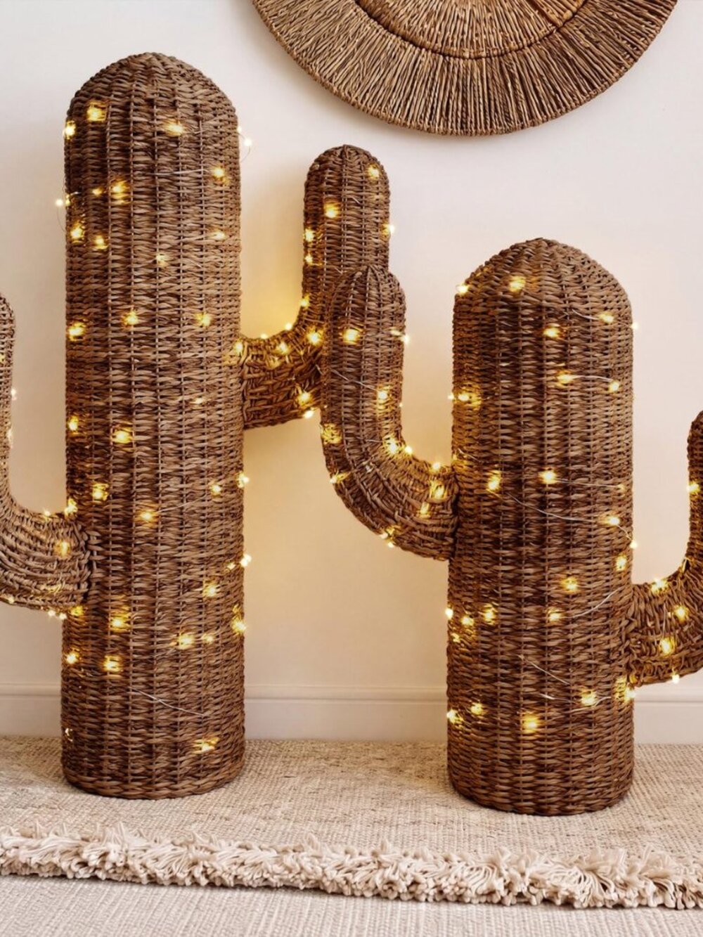 2 Piece Rattan Western Cactus Decor, 15 & 11 Inch Southwestern Desert Cactus